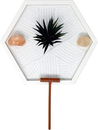 Nature's Mark Mini Zen Garden Kit for Desk with White Sand, Rake, White Base, Salt Rock and Air Plant (Hexagon)