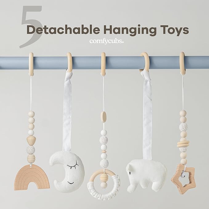 Comfy Cubs Wooden Baby Play Gym - Natural Finish Pinewood Baby Activity Gym with 5 Sensory Hanging Toys - Easy No-Tool Assembly, Safe and Durable for Infant Motor and Visual Development - Pacific Blue