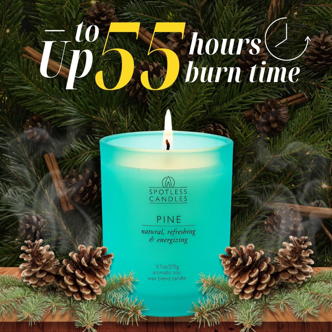 Pine Candle - 9.7 oz /275g 45-55 Hours Burn Time in Green Frosted Glass Jar with Wooden Lid and Wooden Crackling Wick in Luxurious Gift Box - Natural, Refreshing and Energising
