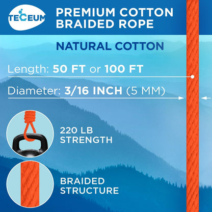 TECEUM Cotton Rope 3/16” (5 mm) – 50 FT – Strong All-Purpose Braided Rope – Natural Cotton – for Crafting, Сamping, Clothes Line, DIY, Indoor & Outdoor Use – Orange