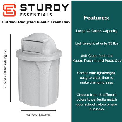 42 Gallon Circle 100% Recycled Plastic Heavy Duty Outdoor Commercial Trash Can with Push Open Dome Lid and Internal Liner | Great for Schools and Businesses - Light Granite