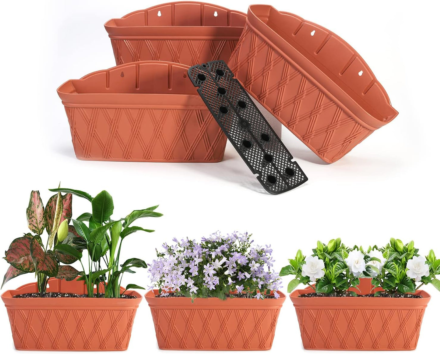 Sungmor 3 Pack Wall Hanging Planters, 16.5 Inch Railing Fence Hanging Flower Pots, Thickened Plastic Water Storage Plant Pot, Indoor Outdoor Garden Balcony Decor, Large Terracotta Color Plant Basket