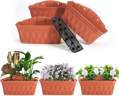 Sungmor 3 Pack Wall Hanging Planters, 16.5 Inch Railing Fence Hanging Flower Pots, Thickened Plastic Water Storage Plant Pot, Indoor Outdoor Garden Balcony Decor, Large Terracotta Color Plant Basket