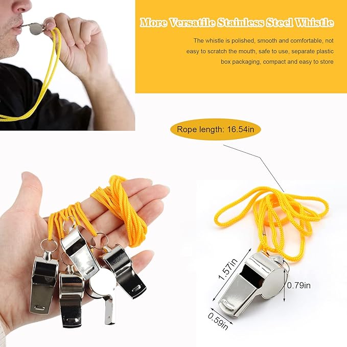 50Pcs Whistles - Stainless Steel Coach Whistle with Lanyard for Soccer, Referees, and Emergencies - Loudest Whistle for Coaching and Safety - Bulk Whistles- Compact and User-Friendly Design