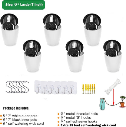 6 Pack White Hanging Planter Pots Self Watering Vertical Garden Wall Mount Window Hang Round Plastic Container Indoor Outdoor for Plants Flowers Succulent Kitchen Living Herbs Holder Decor(Large)