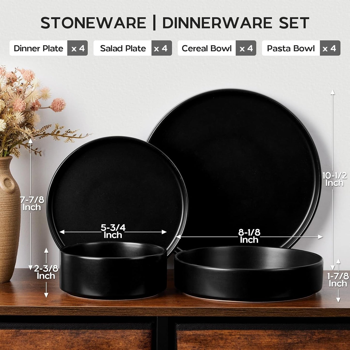 Onader 16 Piece Dinnerware Sets with Serving Bowls for 4, Stoneware Plates and Bowls Dish Sets, Ceramic Dinner Ware Dishware for Kitchen Dining, Chip & Scratch Resistant - Ebony Black