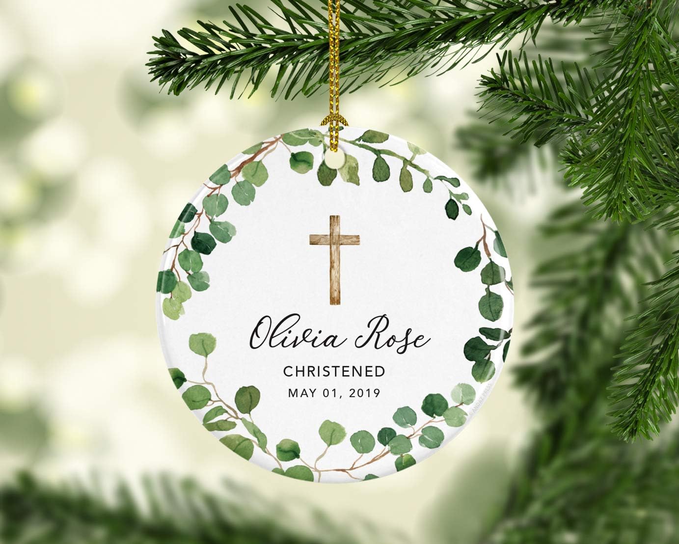 Andaz Press Personalized Round Ceramic Porcelain Christmas Ornament Gift, Olivia Rose Carter, Christened May 1, 2024, Farmhouse Eucalyptus Wreath, 1-PackCustom Christening Gift Ideas