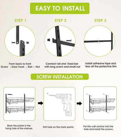 Over The Door Pantry Organizer, Wall Mount Spice Rack, Pantry Hanging Storage and Organization, 8 Adjustable Baskets Heavy-Duty Metal for Home & Kitchen, Back of Door Seasoning Rack - Black