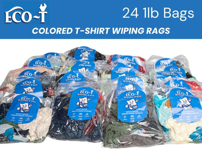 24 x 1 Lb Bags (24 Lbs) Eco-T Mechanic Shop Rags - Colored T-Shirt Material, 100% Recycled, Eco-Friendly, High Absorbency, Low Lint, Low-Cost, Industrial Use Wiping Cloth