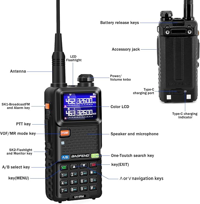 BAOFENG 5RM Ham Radio 10W Long Range Handheld NOAA Weather Receiver 2500mAh Battery UV-5RM Radio with Programming Cable,Speaker Mic,Tactical Antenna,Type-C Charging,2Pack