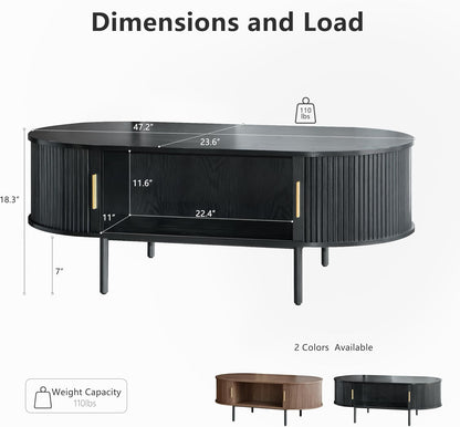Modern Coffee Table with Storage, 47.2" Oval Fluted Coffee Table with Sliding Doors, Minimalist Tea Table with Wood Grain Veneer, Mid Century Center Tables for Living Room, Apartment, Black