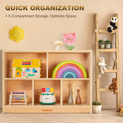 wingyz Wood Storage Shelf Organizer, 35.4" L, 5-Section Montessori Kids Toy & Book Shelf, Wooden Cabinet for Kids Rooms, Playroom, Classroom, Nursery, Preschool Furniture - Nature