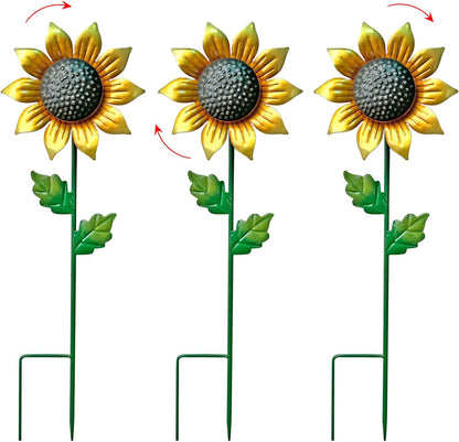 WAIU Metal Sunflower Flower Garden Stakes, Wind Catcher Spinner Garden Stakes, Garden Windmill Stakes Outdoor Wind Catchers, Yard Decor Stakes, Set of 3