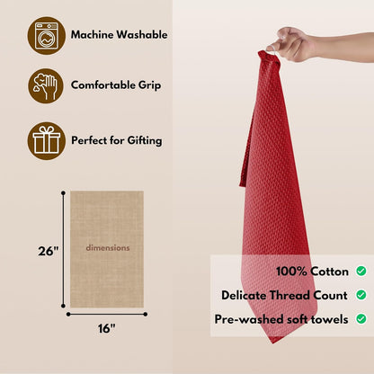 Native Fab Cotton Kitchen Towel with Hanging Loop 16x26 inches, 4-Pack, Waffle Weave Kitchen Towels for Cleaning Drying, Washcloths Soft & Absorbent Cloth Rags, Bar Towel, Dish Cloth, Red