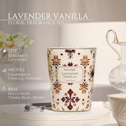 HomeLights Large jar Candle | 3-Wick Long-Lasting Scented Candles, 34oz Natural Soy Wax Candle for Home Scented, Bohemian Natural Textures Gifts for Women & Men, Lavender Vanilla