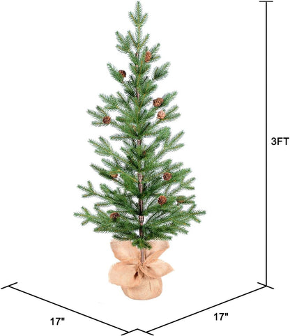 3FT Tabletop Artificial Christmas Tree, 209 Realistic PE Branches, Pine Cone Decorations, Unlit, Cement Base Wrapped in Burlap, Green