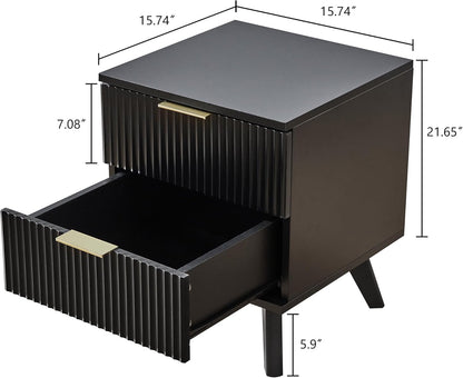 Fluted Nightstand Set of 2, Mid Century Modern 2 Drawer Dresser for Bedroom, Small Dresser Night Stand Side Table End Table with Wood Fluted Drawer Storage for Bedroom Closet(Black)