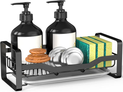 Sink Caddy Sponge Holder,Sponge Holder for Kitchen Sink,Kitchen Sink Organizer for Soap Brush Dispenser,Countertop Sink Caddy Organizer with Removable Drain Tray