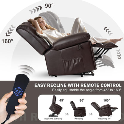 Electric Power Lift Recliner Chair for Elderly with Heat & Massage, Large Breathable Leather Reclining Chairs w/2 Concealed Cup Holders for Seniors Home Living Room,Bedroom,1PC,Brown