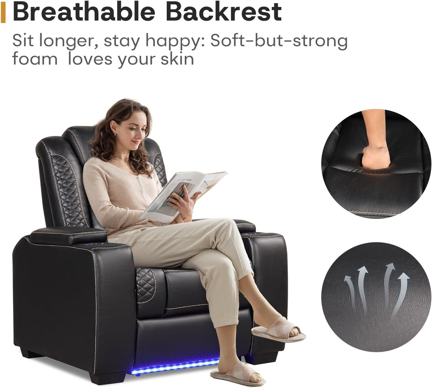 ANJ Power Recliner Home Theater Seating, Electric Recliner Chair with Adjustable Headrest,PU Leather Dual Motor Movie Reclining Chairs with Cup Holders LED Lights,USB Port,Hidden Arm Storage (Black)