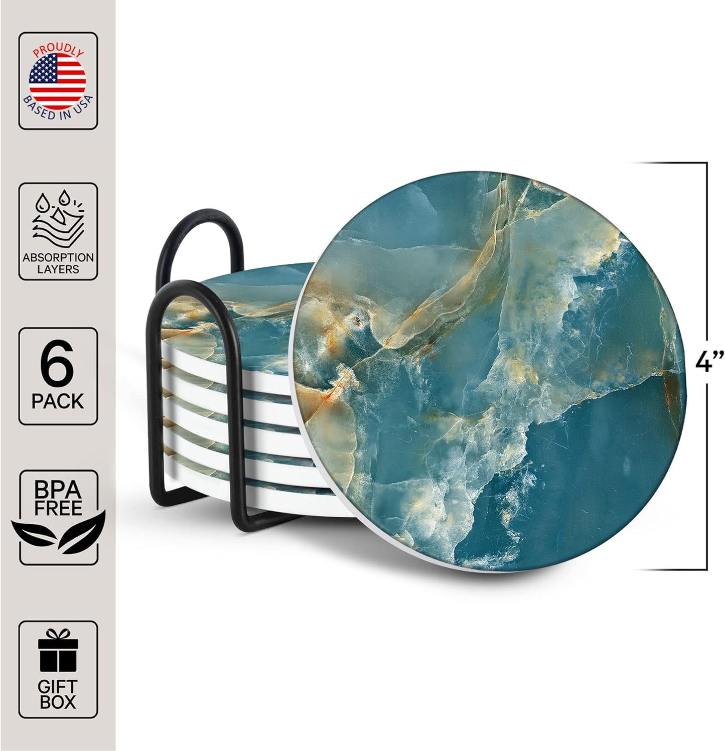 Emerson Coasters for Drinks Absorbent – Natural Stone Drink Coasters Set with Holder, Coasters for Coffee Table, Wooden Tabletop Protection Marble Style – 100% Heavy Duty Set of 6 (Seaside)