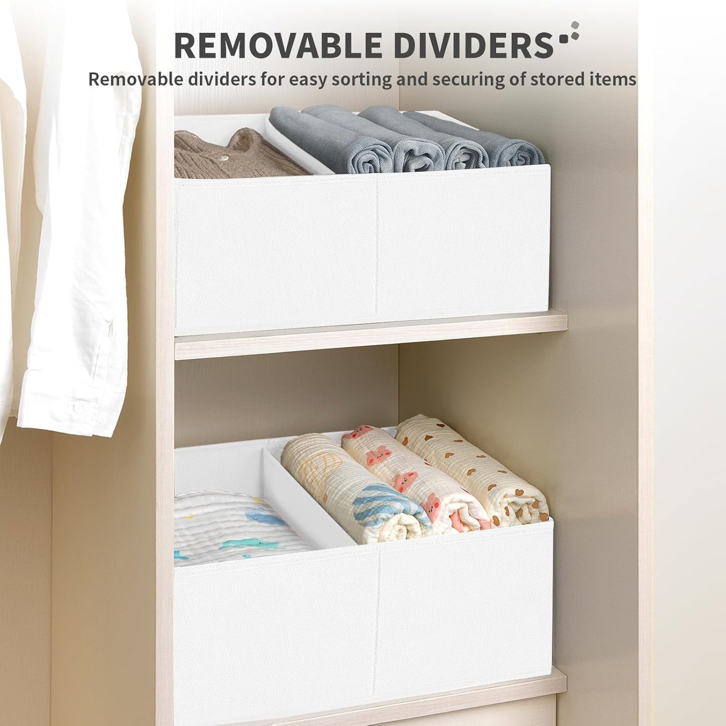 DIMJ Large Closet Shelf Organizer Bins 4 Packs with Handles and Divider, Fabric Trapezoid Storage Baskets, Foldable Clothes Containers Box for Shelf, Towel, Book, Toy, Purse, Hats, White