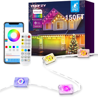 POOFZY Permanent Outdoor Lights for House, 150ft RGB+IC Smart Outdoor Decor, 50 Scene Modes, App/Remote Control, IP68 Waterproof, for Christmas, Holiday, Daily & Pool Party Decor, House Roof Lighting