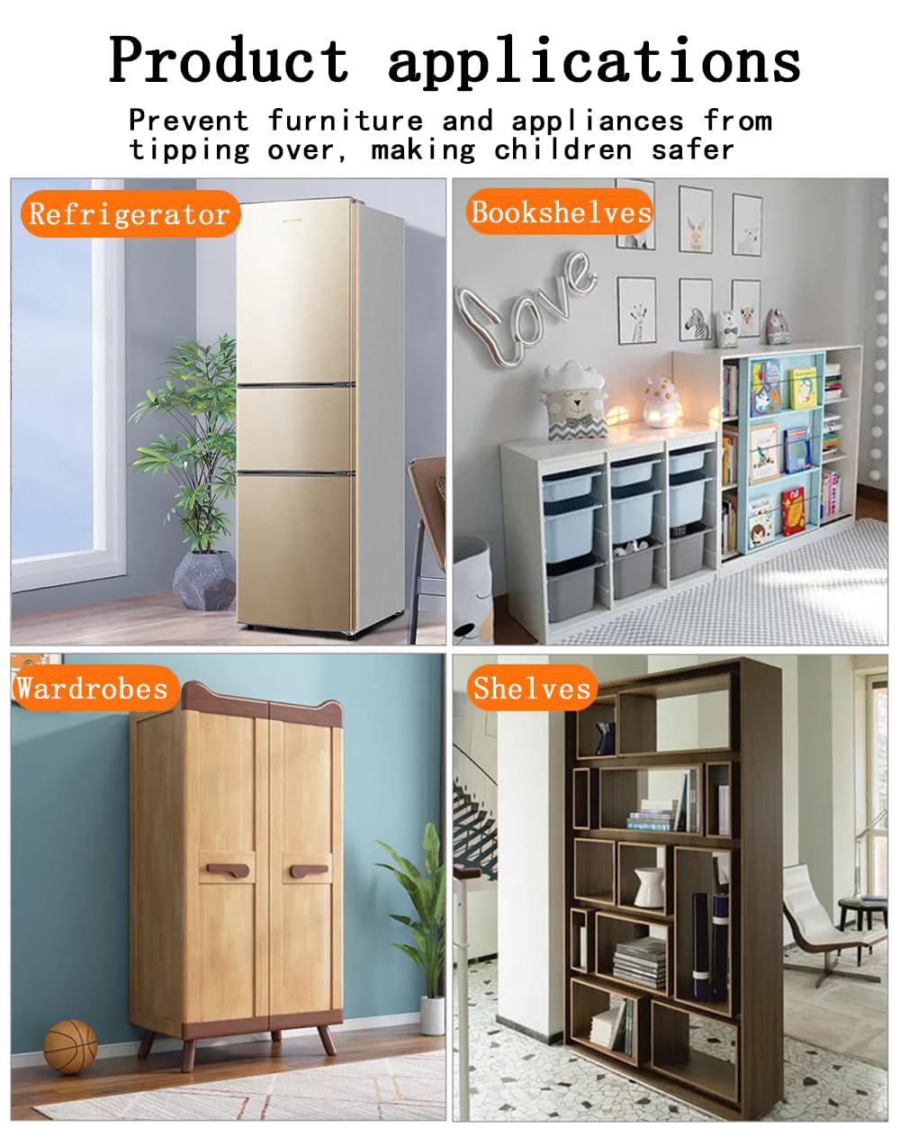 Furniture Anchors 4 Pairs No Drill Heavy Duty Anchors Fridge Lock Adjustable Self-Adhesive Safety Anti Tip Straps for Baby Proofing 220lbs Tension Earthquake Resistant Metal Straps Prevent Falling