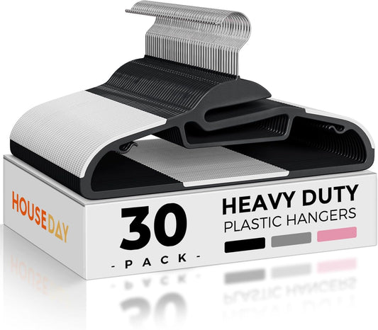 HOUSE DAY Black Plastic Hangers 30 Pack, Slim Space Saving, Non Slip Clothes Hangers with Rubber Pads, Sturdy Heavy Duty Coat Hanger for Closet, S-Shaped Hanger for Shirt, Suit, Pant, Skirt