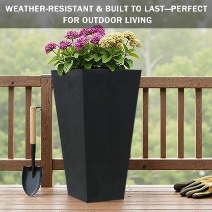 GreenShip 27" Tall Planters, Set of 2 – Black Outdoor Planter for Front Porch & Tall Plants, Weather-Resistant, with Drainage Hole & Rubber Plug (No Plants Included) (Black-2pcs)