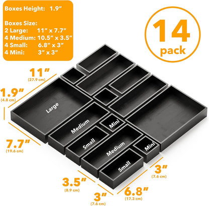 SpaceAid 14-Piece Bamboo Drawer Organizer Storage Boxes Set, Wood Tray Junk Drawer Organizers Multi-Use Divider Bins for Kitchen, Bathroom, Office Desk and Makeup Organization (14 Pack, Black)