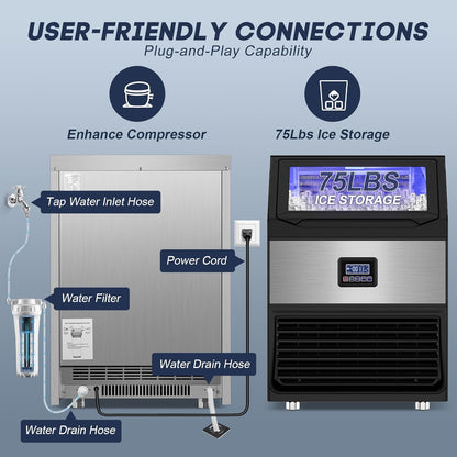 Commercial Ice Maker Machine 300LBS/24H with 75LBS Storage Bin, Stainless Steel Undercounter/Freestanding Ice Maker Machine for Home Bar Outdoor, 108PCS Ice Cubes Ice Machine, Self Cleaning