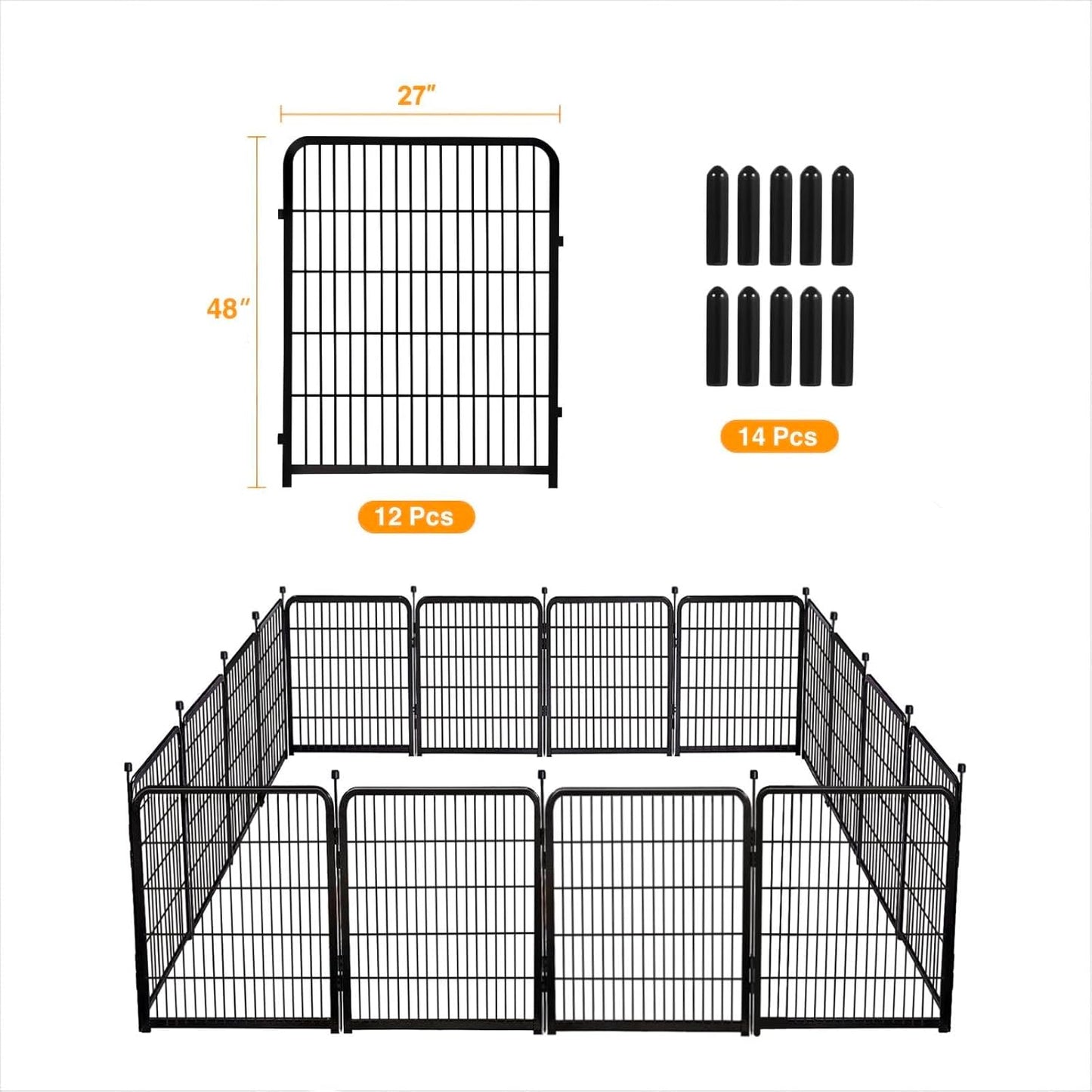 Doorless Dog Digging Fence Barrier,48in(H) 12 Panels Total 26.6 Ft(L), Black Metal Fencing for Yard 4ft Tall, Dog Fence Outdoor for Yard, Fencing for Garden Beds, Garden Fences Border