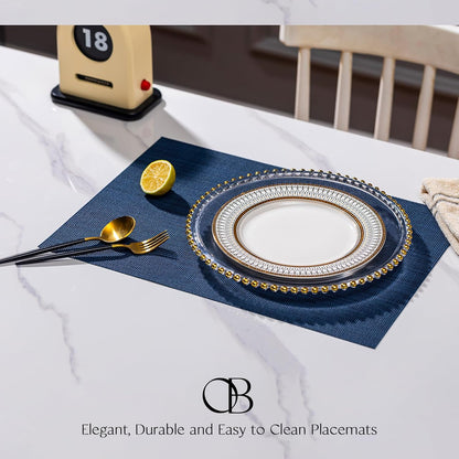 Placemats Set of 6 - Easy Clean Woven Vinyl Placemats for Dining Table, Indoor/Outdoor Place Mats, Washable PVC Table Mats（Navy Blue）