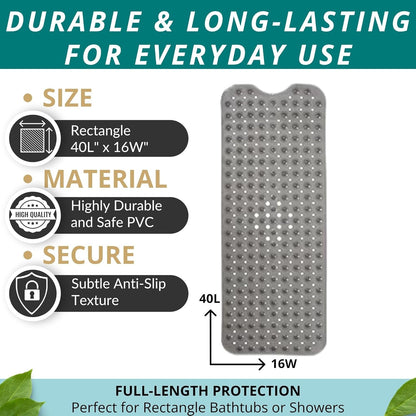 ENKOSI Bathtub Mat – 40 x 16 Inch Extra Long Non Slip Shower Mat – Anti Slip Grey Bath Mat with Suction Cups and Drain Holes – Bathroom Mat for Smooth Tubs and Shower Floors (40x16 Clear Grey)