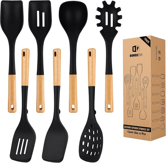Silicone Kitchen Utensil Set for Non Stick Cookware, 7 Pcs Heat Resistant Cooking Utensils with Wooden Handle, BPA Free Kitchen Tools with Spatulas, Spoons, Skimmer and Pasta Fork (BLACK)