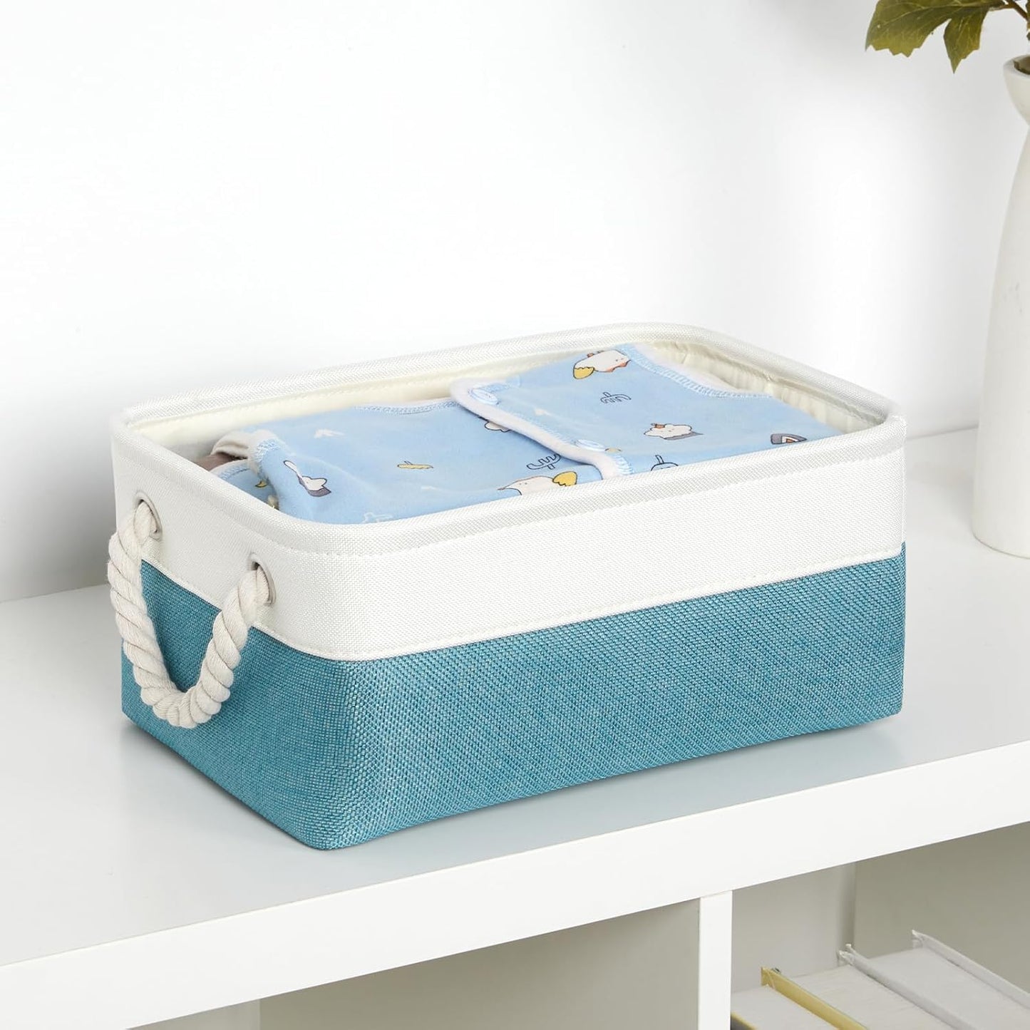 Bidtakay Small Storage Baskets for Shelves 3 Pack Fabric Storage Bins for Organizing Linen Collapsible Organizer for Closet-White&Teal