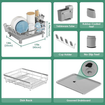 MOUKABAL Dish Drying Rack - Stainless Steel Dish Rack, Dish Racks for Kitchen Counter, Drying Rack Kitchen with Removable Utensil Holder, Drainboard and Glass Organizer (Grey)