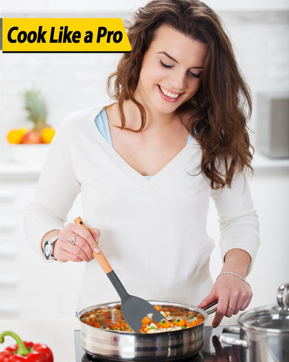 Pack of 4 Silicone Cooking Utensils Set, Non Stick Solid Spatulas and Heat Resistant Slotted Spoons with Wooden Handle, Ideal Wood Kitchen Utensils Set for Frying,Serving,Turning,Stirring (GRAY)