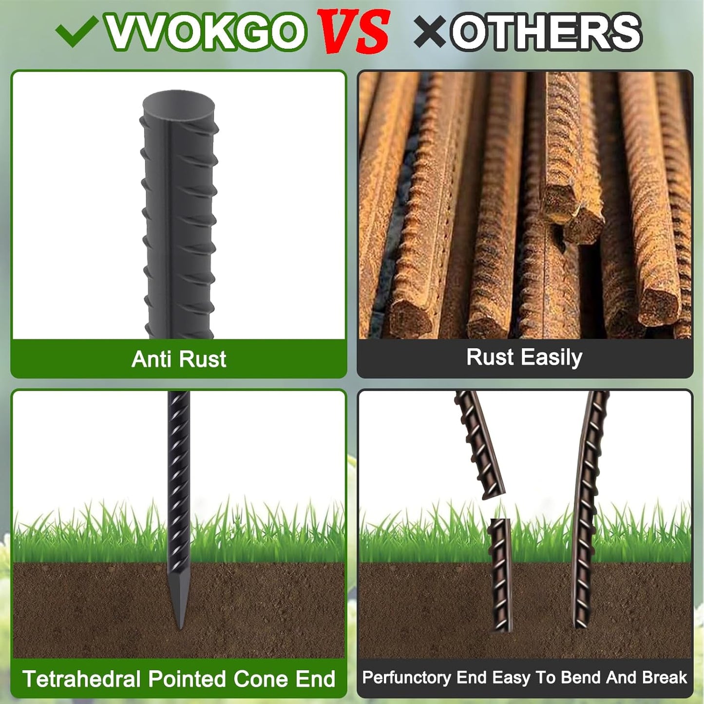 VVOKGO Rebar Stakes 16 Inches Ground Concrete Form Stakes (24pcs), Straight Metal Spikes Heavy Duty with Chisel Point End, 5/16" Diameter Steel Anchors for Fence, Concrete Timber, Garden Plants, Black