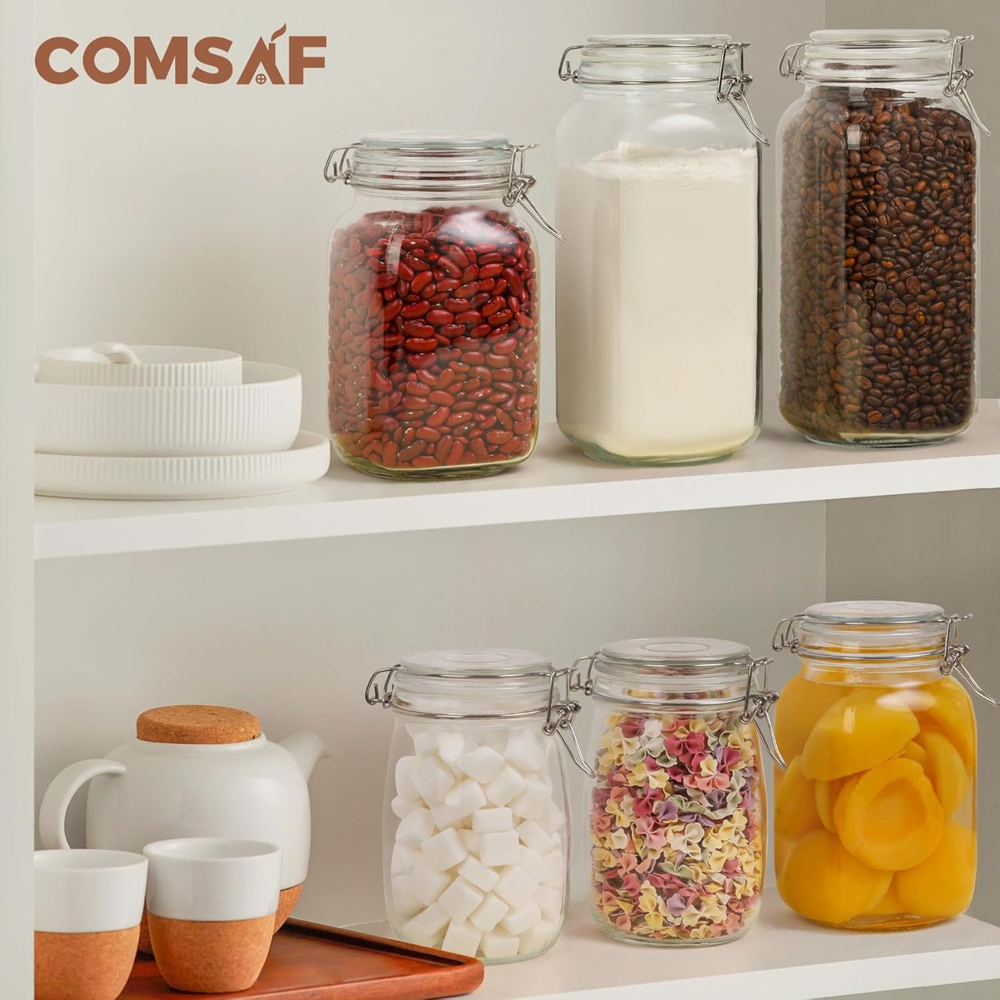 ComSaf Airtight Glass Jars with Lids 78oz Set of 3, Food Storage Canister Square - Storage Container with Clear Preserving Seal Wire Clip Fastening for Kitchen Canning Flour, Cereal, Pasta, Beans