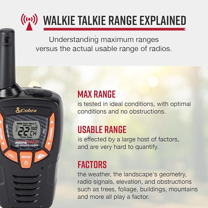 Cobra ACXT390 Walkie Talkies & Compatible Cobra Surveillance Headset - Rechargeable, 22 Channels, Long-Range, 2 Two-Way Radios, 2 Headsets, Black/Orange
