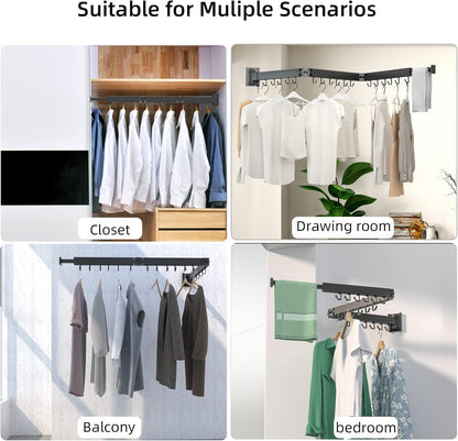 Wall Mount Clothes Drying Rack, 2-Fold Foldable & Sturdy Laundry Drying Rack Wall Mounted, [No Drilling] Space Saver for Laundry, Balcony, Bathroom, Patio, Dormitory, Apartment-Black