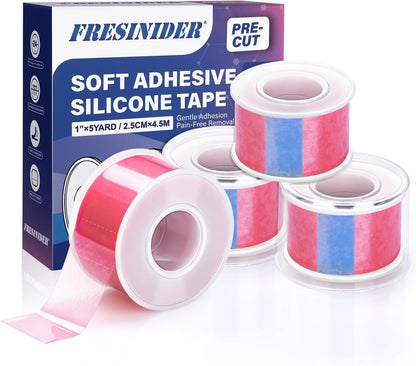 FRESINIDER Silicone Tape 1" x 5 Yard Pink 4 Rolls for Sensitive Skin, Pre-Cut Waterproof Medical Tape, Gentle Adhesive for Wound Care, Surgical Sites, Infants and Elderly