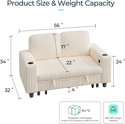 LINSY HOME Loveseat Sofa with Storage - Comfy Plush Corduroy 2 Seater Sofa with USB Charging & Cup Holders, Deep Seat Love Seat for Small Spaces Living Room Bedroom Apartment, Beige