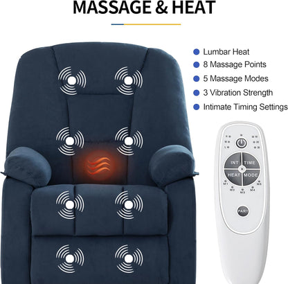 Power Swivel Rocker Recliner Chair for Adults,Rocking Recliners Chairs with Massage and Heat for Living Room, Electric Fabric Reclining Sofa Chair with USB and Type-C Port (Fabirc Blue)