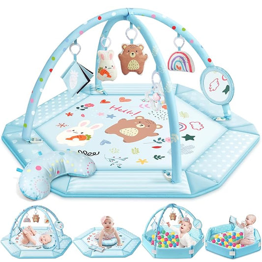 Baby Gym Play Mat, 8-in-1 Tummy Time Mat & Ball Pit with 6 Toys, Washable Baby Activity Mat for Visual, Hearing, Sensory, Motor Development, Baby Gift for Newborn Infant 0-3-6-9-12 Months (Blue)