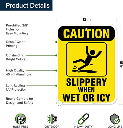 Caution Slippery When Wet Sign or ICY Sign, 12"x16"0.40 Aluminum, Fade Resistance, Indoor/Outdoor Use, USA MADE By My Sign Center