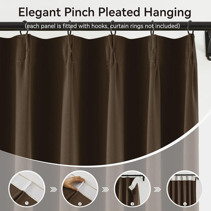 KangBang Chocolate Brown Blackout Curtains 90 Inches Long for Bedroom, Pinch Pleated Thermal Privacy Assured Draperies for Living Room Kitchen with Hooks,40”Wx90”L,2 Panels