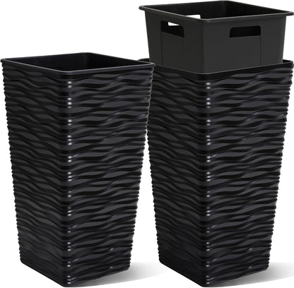 Worth Garden 2-Pack 22" H. Black Square Tapered Planter with Inside Pots - Plastic Plant Pots for Indoor Outdoor - Modern Wavy Finish Decorative Flower Pots for Front Porch Containers Patio Deck